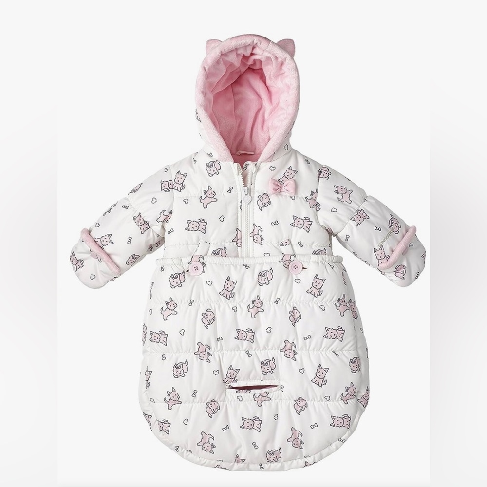 NWT London Fog infant girl puffer carbag coat snowsuit white w/pink size 0-6 mo